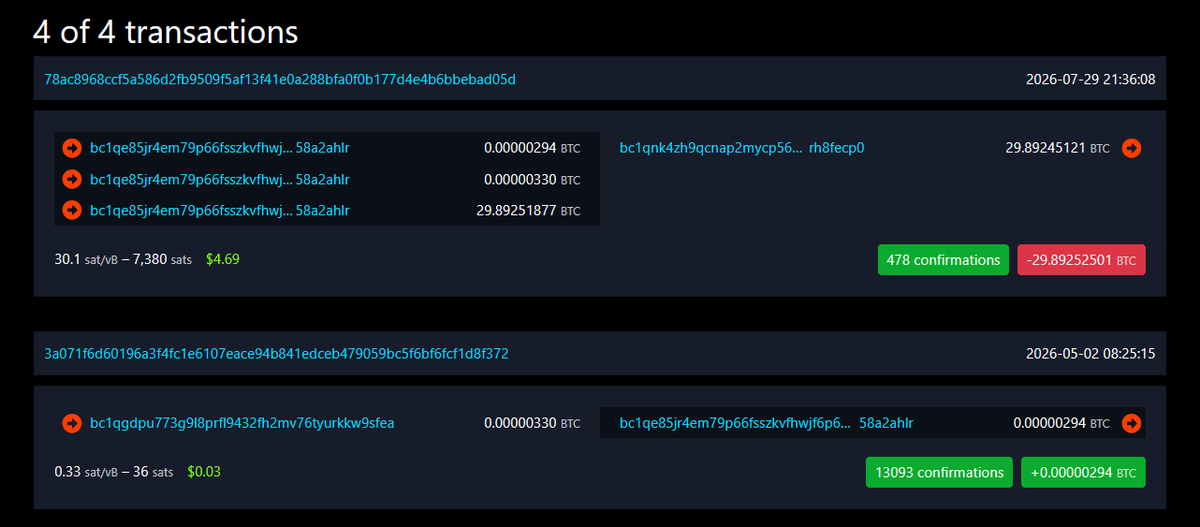 LightningSats's tweet photo. I just noticed that the Coldcard thief started dusting the largest wallets they were going to attack back in late April / early May. https://t.co/hhZwUJTwhT