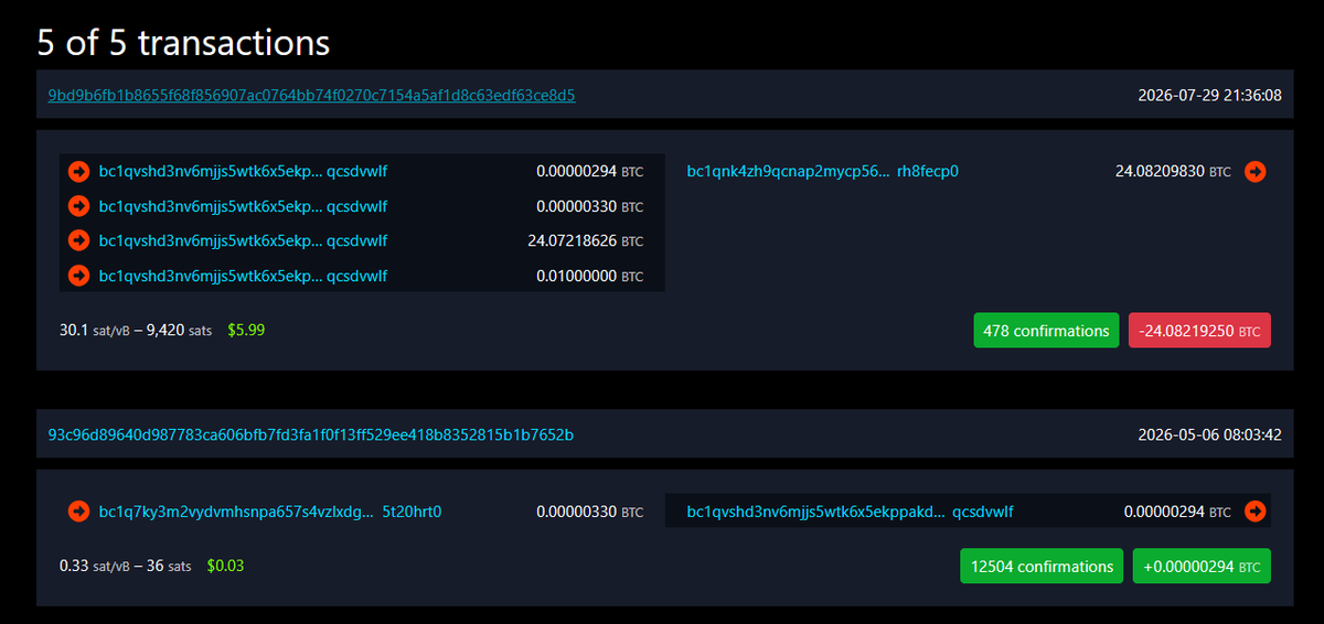 LightningSats's tweet photo. I just noticed that the Coldcard thief started dusting the largest wallets they were going to attack back in late April / early May. https://t.co/hhZwUJTwhT