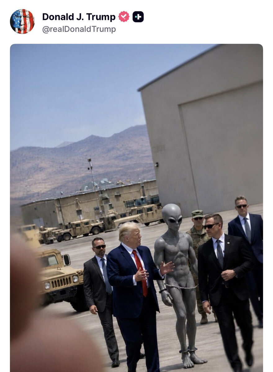 harryjsisson's tweet photo. Trump posted this AI image today *for the second time* of him with an alien on a military base.

How can anyone look at this and think he’s sane? 25th amendment now. https://t.co/56bCWOrPjM