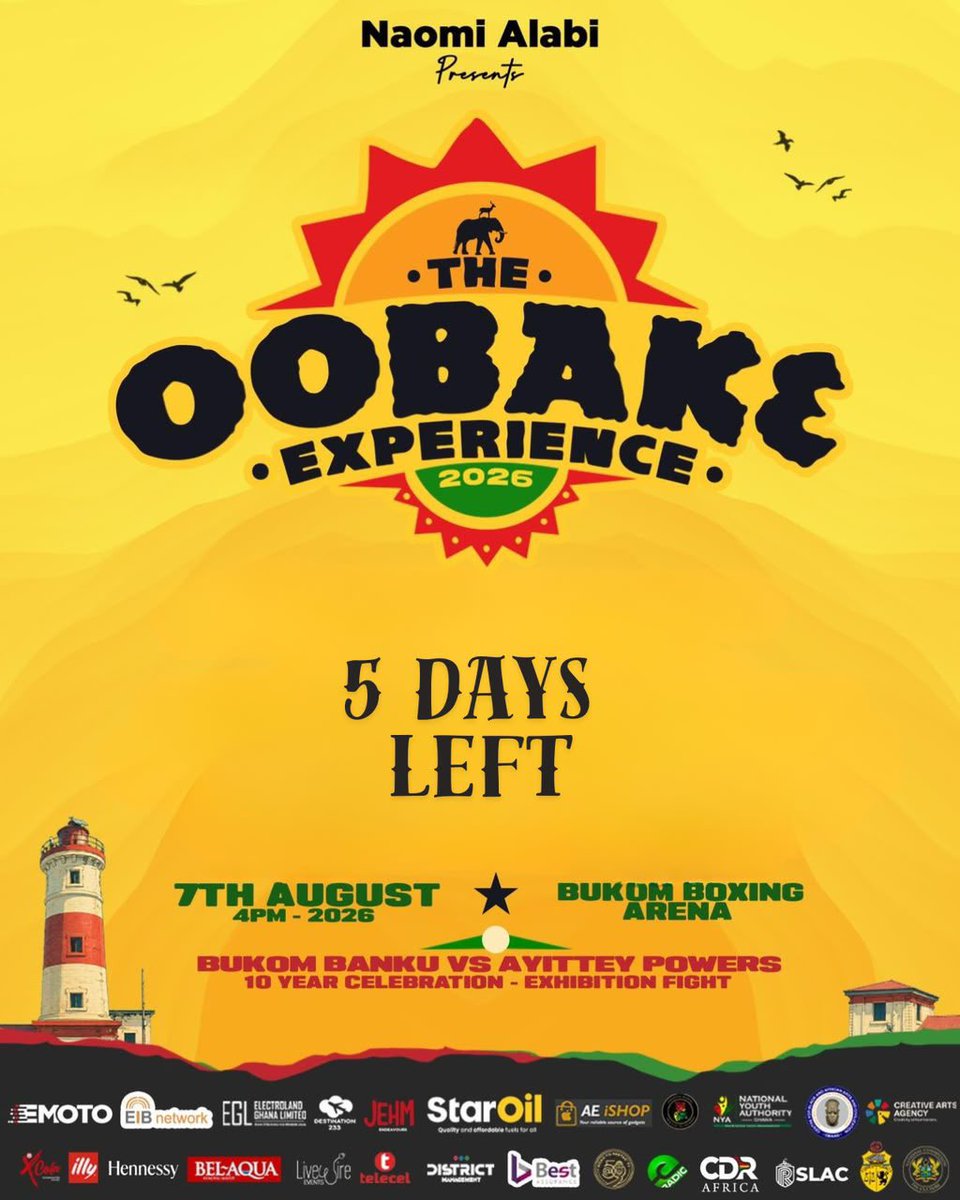lucasbakope1's tweet photo. OOBAKE Experience 2026 celebrates the rich traditions, resilience, music, food and sporting heritage of the Ga people in an unforgettable festival atmosphere. 7th August 2026 at the Bukom Boxing Arena from 4:00pm
@DBLACKGH @epixodemusic @gyaigyimii 
#Homowo #Ga #OobakeExperience https://t.co/rFxfVHrvU3