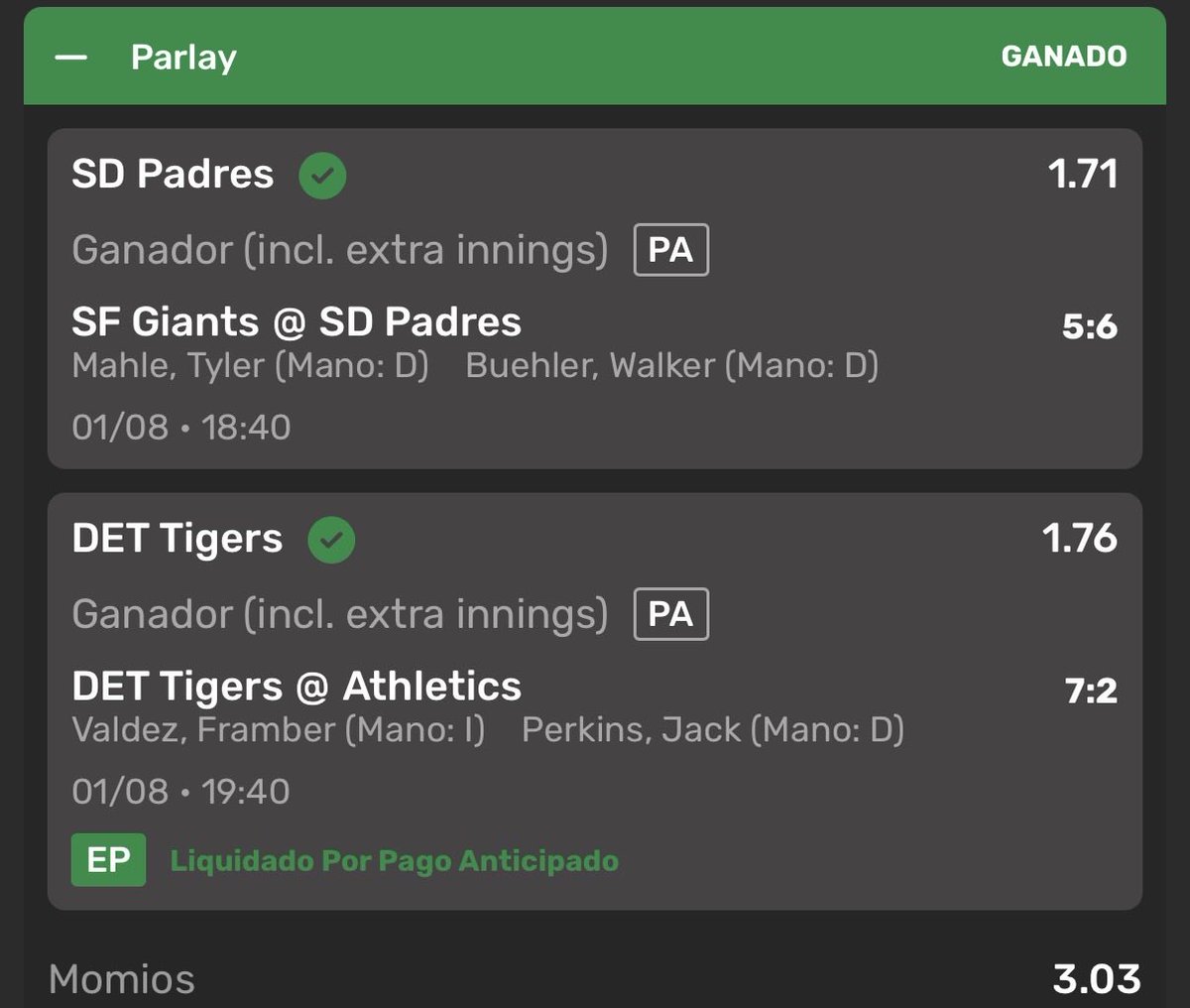 MagiciansPicks's tweet photo. Buen dia amigos 🤓

Ganamos 7 de 8 apuestas, nada mal por lo que este día nos deja con 1,880 de bank

También ganamos los dos parlays que recomendé, ambos de momio 3 ✅✅

Si quieren ver el excel, metanse al telegram amigos 🤓 https://t.co/ghjdWUUvAF