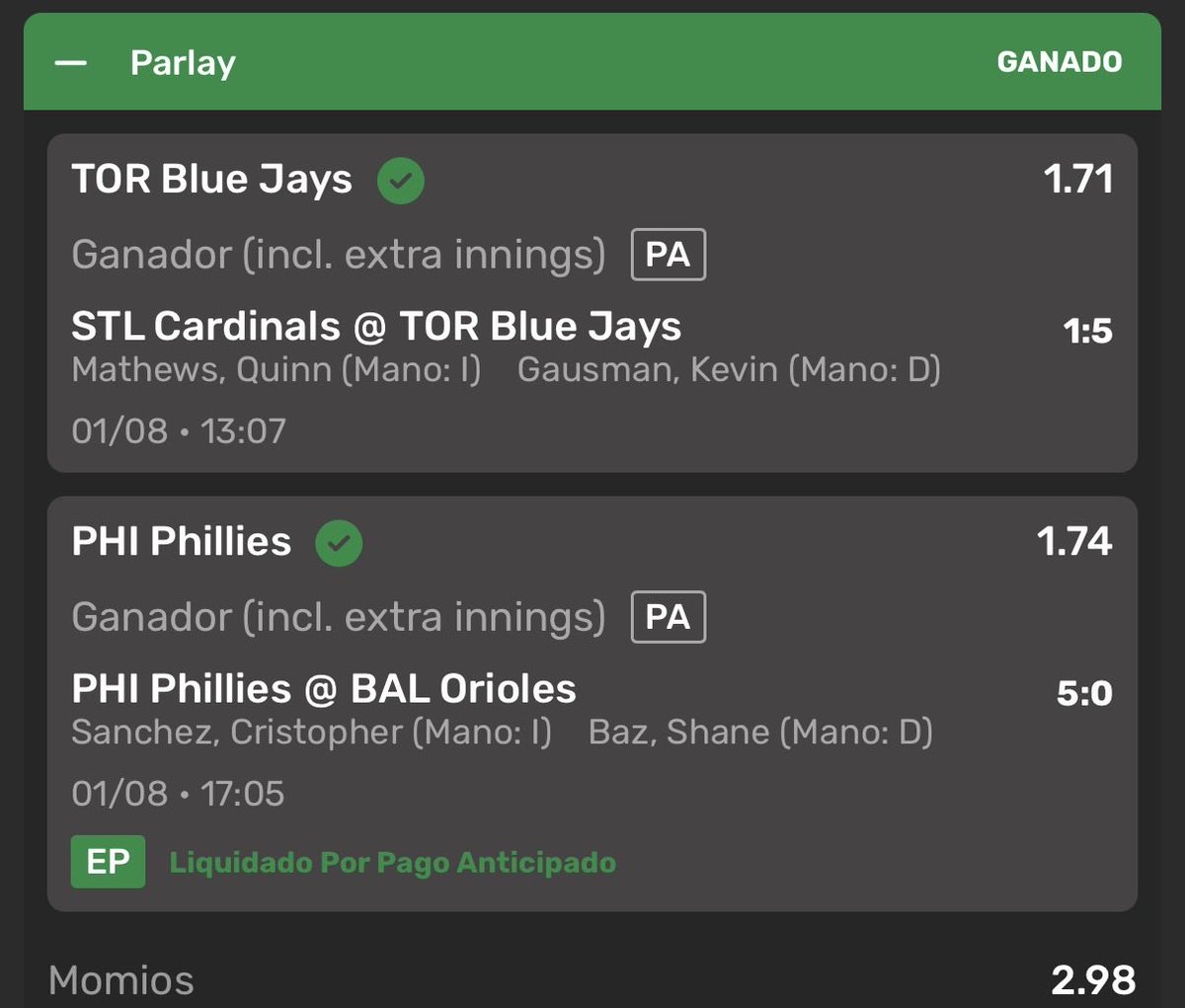 MagiciansPicks's tweet photo. Buen dia amigos 🤓

Ganamos 7 de 8 apuestas, nada mal por lo que este día nos deja con 1,880 de bank

También ganamos los dos parlays que recomendé, ambos de momio 3 ✅✅

Si quieren ver el excel, metanse al telegram amigos 🤓 https://t.co/ghjdWUUvAF