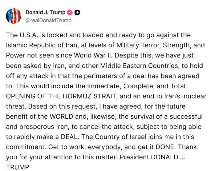 trumpchinese1's tweet photo. 美国已全面武装、蓄势待发，准备以自二战以来前所未有的军事威慑、实力与力量，对抗伊朗伊斯兰共和国。尽管如此，我们刚刚收到伊朗及其他中东国家的请求，要求暂缓任何攻击行动，因为一项协议的框架已经达成共识。这包括立即、全面且彻底开放霍尔木兹海峡，并终结伊朗的���威胁。基于这一请求，为了世界的未来利益，同样也为了一个成功且繁荣的伊朗的生存，我已同意取消攻击行动，前提是能够迅速达成协议。以色列国与我共同作出这一承诺。大家行动起来，把这件事搞定。感谢你对此事的关注！
