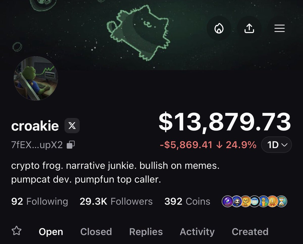 croakie_'s tweet photo. in the past 5 months, i have grown to be one of the most followed profiles/callers on @pumpfun app. totaling now 29k followers.

i have given my followers numerous 100x early entries. as well, i am the only profile on the app with an oracle badge having called a 1000x.

recently, i devved $pumpcat (@pumpcatpf) derived from the cat every user sees in the banner on the app. look at your wallet, you will see $pumpcat.

we as a community have achieved an ath of $500k, and as a dev, i have earned $20k in rewards from fees. most of which i have used to buy more supply.

pump changed my life. and i want to use it to change yours. if you see this and don’t follow me on the app, please consider it.