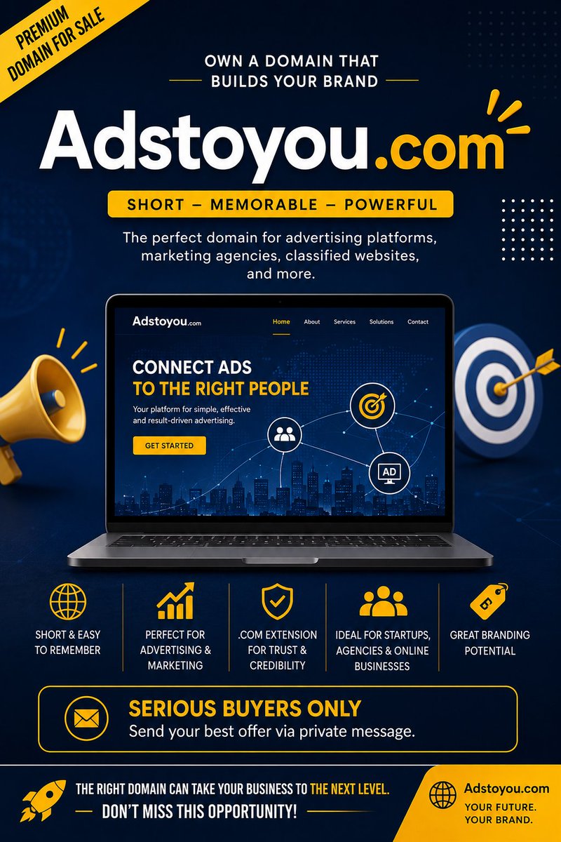 walidferhani36's tweet photo. 🚀 A premium domain built for the future of advertising.

https://t.co/Qf5ehkdIw1 — FOR SALE

Perfect for AdTech, digital advertising, marketing agencies, AI startups &amp; media brands.

Short. Memorable. Brandable.
📲 WhatsApp: +213 558 407 943

#AdTech #Advertising #DigitalMarket https://t.co/mq8DC08sAP