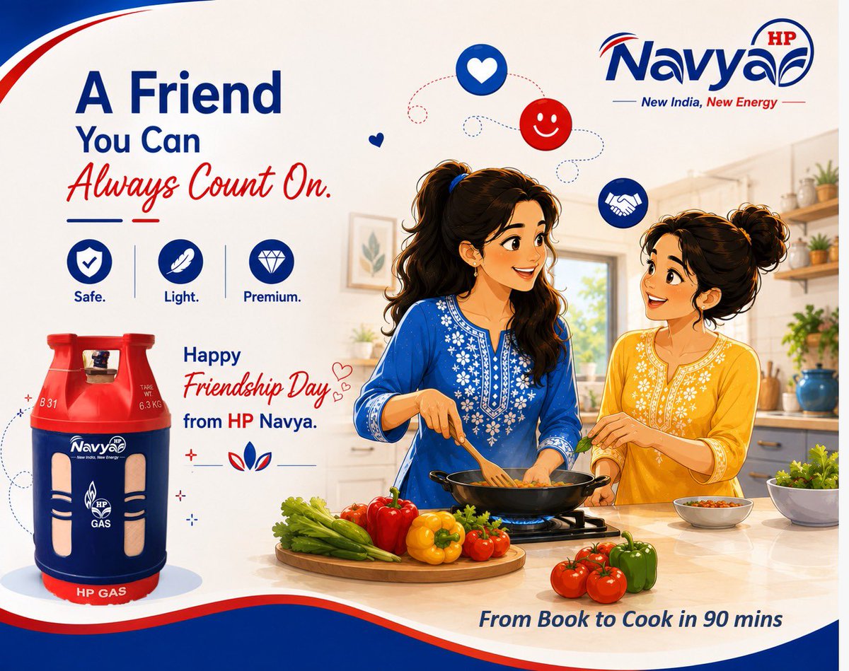 HpgasRanchi's tweet photo. Friends make every moment lighter. So does HP Navya. 💙
Celebrate the bond of trust with a cylinder that's Light. Safe. Premium.
Download HP Pay for Navya. 
Now available in select markets of Mumbai, Navi Mumbai, Bengaluru,Chennai. 
#HPNavya #FriendshipDay #HPGas @HPCL @HPGAS_HQO https://t.co/OWvuo1LpT1