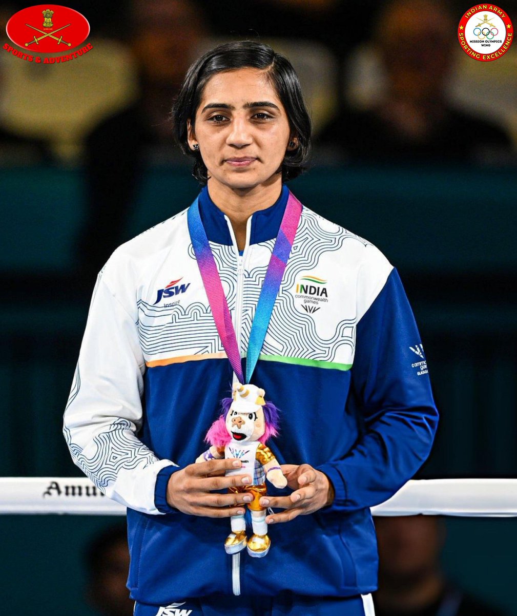 easterncomd's tweet photo. Four Warriors. Four Golds. One Roaring Spirit of #NariShakti! 

The boxing ring witnessed the indomitable spirit of India’s women warriors as four #IndianArmy boxers transformed their determination, discipline and hard work into four Gold Medals at the #CommonwealthGames #Glasgow2026. 

 Naib Subedar Jaismine — 57 kg
 Naib Subedar Preeti — 54 kg
 Havildar Arundhati — 70 kg
 Havildar Sakshi — 51 kg

Their golden triumph is more than a sporting achievement — it is a celebration of #NariShakti, courage, determination and the unwavering spirit of a warrior.

#EasternCommand takes immense pride in the remarkable achievement of these champions and extends its heartfelt congratulations for bringing glory to the Nation, along with best wishes for continued success and greater heights in their future endeavours.

चार योद्धा। चार स्वर्ण। #NariShakti की शानदार मिसाल!

#CommonwealthGames #Glasgow2026 में चा��� #भारतीय_सेना महिला मुक्केबाजों ने अपनी मेहनत, अनुशासन, दृढ़ संकल्प और जुझारूपन से शानदार प्रदर्शन करते हुए चार स्वर्ण पदक जीते

Naib Subedar Jaismine — 57 किग्रा
Naib Subedar Preeti — 54 किग्रा
Havildar Arundhati — 70 किग्रा
Havildar Sakshi — 51 किग्रा

उनकी यह शानदार सफलता केवल एक खेल उपलब्धि नहीं है, बल्कि #NariShakti, साहस, दृढ़ संकल्प और एक योद्धा की अटूट भावना का प्रतीक है।

#पूर्वी_कमान को इन महिला योद्धाओं की इस शानदार उपलब्धि पर गर्व है। राष्ट्र का गौरव बढ़ाने वाली इन प्रतिभाशाली खिलाड़ियों को हार���दिक बधाई एवं उनके उज्ज्वल भविष्य के लिए शुभकामनाएँ।

#भारतीय_सेना
#पूर्वी_कमान
#IndianArmy
#EasternCommand 
#CWG2026
#ExcellenceInSports
#KheloIndia
#MissionOlympics

@adgpi
@SpokespersonMoD
@HQ_IDS_India
@indiannavy
@IAF_MCC
@official_dgar
@ProDefKolkata
@IndiaCoastGuard
@HQ_DG_NCC
@IA_SportsAdvntr

Facebook  - https://t.co/0rhBXxZ70J
Instagram  - https://t.co/nRcwfdvE7K