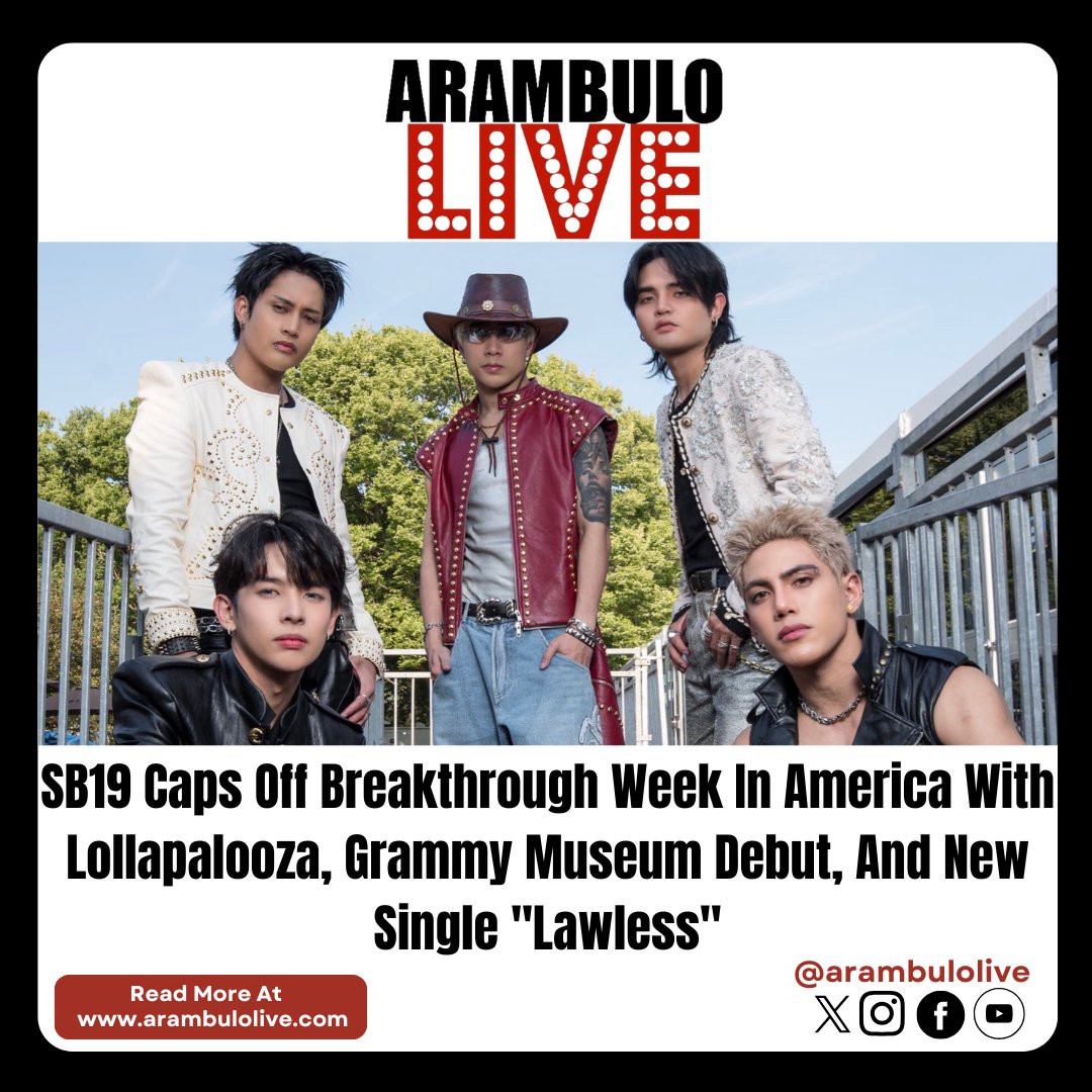 ArambuloLive's tweet photo. SB19 Caps Off Breakthrough Week In America With Lollapalooza, Grammy Museum Debut, And New Single "LAWLESS"

Read more here: https://t.co/VEiVvWpGdq

@SB19Official #SB19 @imszmc @JoshCullen_s @stellajero_ @felipsuperior @justintdedios https://t.co/IPUFelJrXd