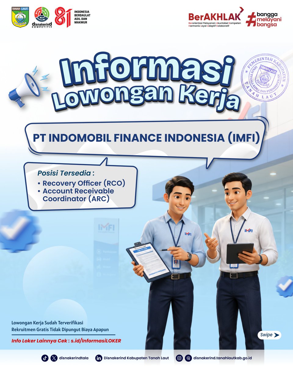DisnakerindTala's tweet photo. 📢 LOKER INDOMOBIL FINANCE PELAIHARI!

Dibutuhkan divisi COLLECTION:
1️⃣ Recovery Officer (RCO) - Min SMA/SMK
2️⃣ AR Coordinator (ARC) - Min D3/S1 (Exp 2 thn)

✅ Punya motor &amp; SIM C.
✅ Fresh grad welcome!

Kirim CV ke: 543phi@gmail.com
Subjek: (Posisi_Pelaihari)
RT! #LokerTala https://t.co/ALTTrMIByO