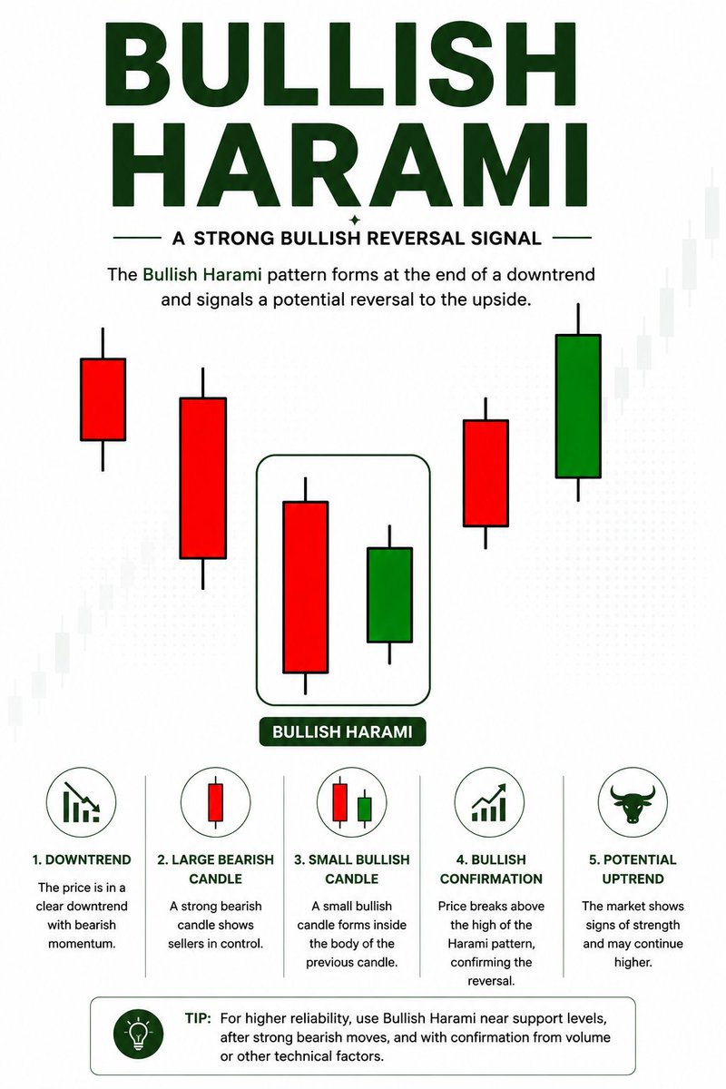 ICTShadowKH's tweet photo. 📈 The Bullish Harami is a classic two-candlestick reversal pattern that signals weakening selling pressure and the potential start of a bullish trend. Learn how traders use this pattern to identify high-probability buying opportunities with price action confirmation. 

Free Trading Contents >> https://t.co/vJMxgvL1gs

#BullishHarami #HaramiPattern #CandlestickPattern #PriceAction #ForexTrading #ICTTrading #SmartMoney #GoldTrading #CryptoTrading #TechnicalAnalysis #DayTrading #TradingEducation #TradingTips