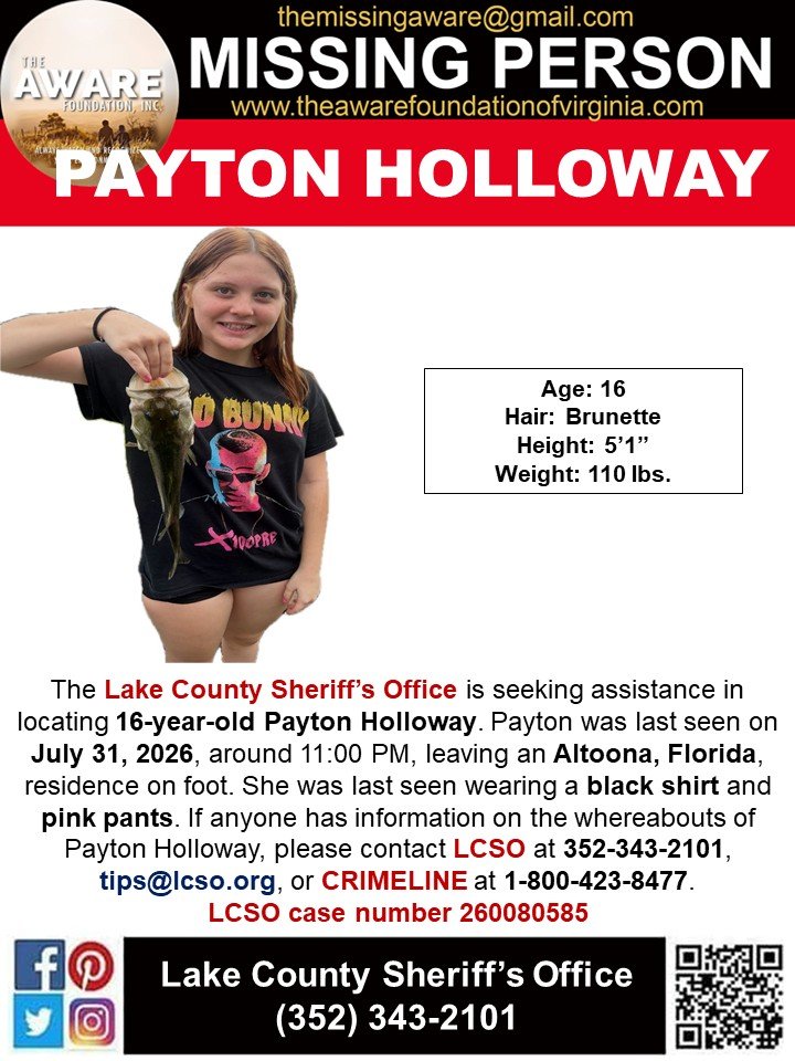 aware_the's tweet photo. 🚨 MISSING JUVENILE – PLEASE SHARE 🚨

The Lake County Sheriff's Office - Florida is asking for the public’s assistance in locating 16-year-old Payton Holloway.

Payton was last seen on July 31, 2026, around 11:00 PM, leaving a residence in Altoona, Florida, on foot.

👕 Last known clothing:
• Black shirt
• Pink pants

If you have any information regarding Payton Holloway’s whereabouts, please contact:

📞 Lake County Sheriff’s Office: 352-343-2101
📧 Email: tips@lcso.org
📞 CRIMELINE: 1-800-423-8477

LCSO Case Number: 260080585

Please help bring Payton home safely. Share this post and spread the word. Every share could help someone recognize her and provide information. 💙

#MissingPerson #MissingTeen #PaytonHolloway #LakeCountyFL #FloridaMissingPersons #HelpBringThemHome #PleaseShare