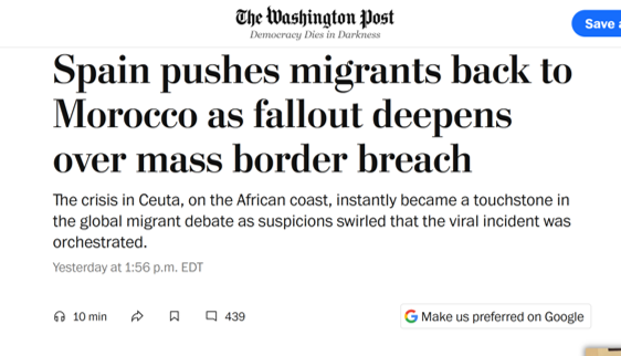 BrotherRasheed's tweet photo. The Washington Post interviewed several migrants who crossed into Ceuta, and their testimonies describe unusual permissive conditions on the Moroccan side of the border. Among its reporting:

"Several migrants who spoke to The Post said that security on the Moroccan side of the border was lax and they managed to cross easily. They said they were urged on by social media posts and videos that tapped into deep-seated despair over the future among many of the young Moroccans who rushed into Ceuta."

Ayoub Karabani, 28, who crossed into Ceuta last week, said he encountered no obstacles on the Moroccan side:

"It's weird, I don't understand why they didn't stop us."

Mohammed Kahlil, 25, who swam into Ceuta, also said his route was unobstructed. According to the report, he said the Moroccan government "didn't care" that he crossed, and that it was only after reaching Ceuta that he "saw violence from the Spanish" a sharp contrast, in his view, with the stricter border enforcement he had experienced from Moroccan authorities in the past.

Another migrant, Mohammed Bardi, told The Washington Post that a local politician had encouraged people to go.