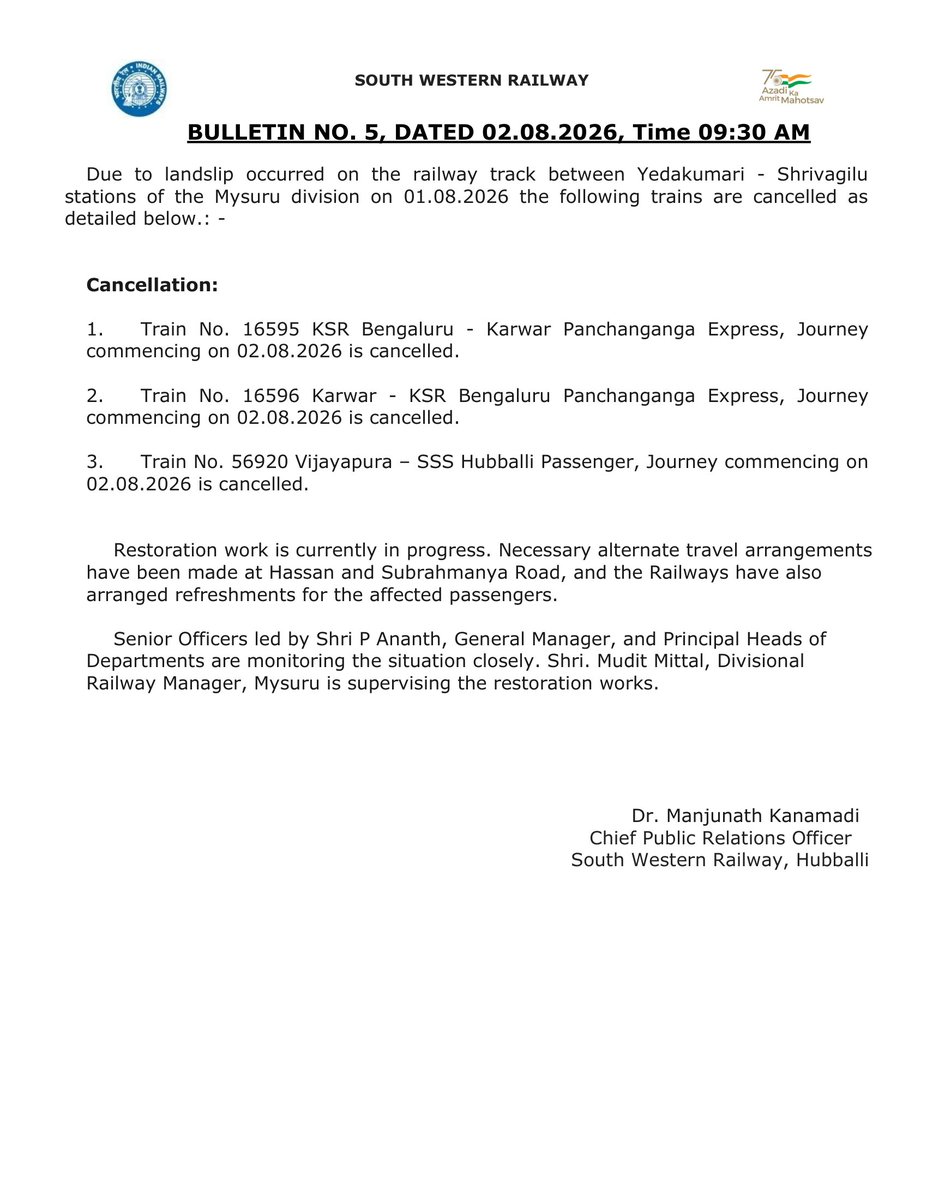 SWRRLY's tweet photo. @DrmMys @drmsbc @drmubl @RailMinIndia @DDNewslive @DDNational @ddchandanabng @PIBBengaluru @airnewsalerts @airnews_kannada SWR Bulletin No. 5, Dated 02.08.2026
#SWRupdates https://t.co/CHM3UXaNu8