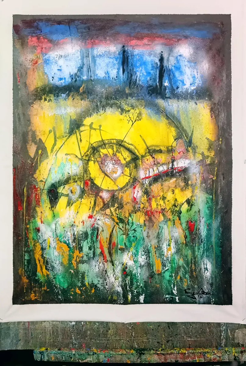 ErnestoScivoli's tweet photo. Non trattengo più le emozioni. Dopo il Cristo Arrabbiato, ecco L'OCCHIO GIALLO.
Un occhio ferito che guarda il mondo a rotoli e non si chiude.
Dipinto oggi sotto il mio albero a Pollica, con lei sempre accanto a me.
#ArteContemporanea #Pollica https://t.co/O4oj787ypp