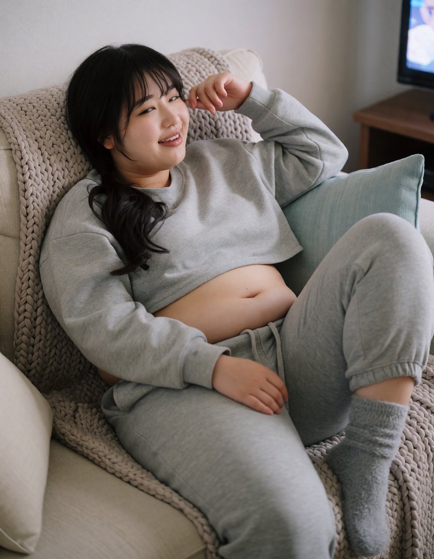 muchirakuen's tweet photo. 日曜のスウェット姿。おへそが出ていることに本人は気づいていません。「これが一番落ち着くの」だそうです。 #AI写真 #ふくよか https://t.co/buOEJl1fhD