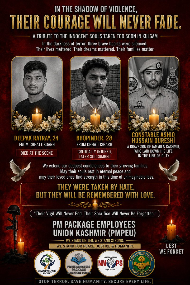 KmrPMPEU's tweet photo. PMPEU mourns the victims of the Kulgam terror attack and pays tribute to all those who laid down their lives to terror.
Terror has no place in humanity. PM Package employees are advised to remain vigilant and avoid unnecessary travel.
Om Shanti. #StopTerror #Kulgam
#lifematters https://t.co/nwKDhj7QBX