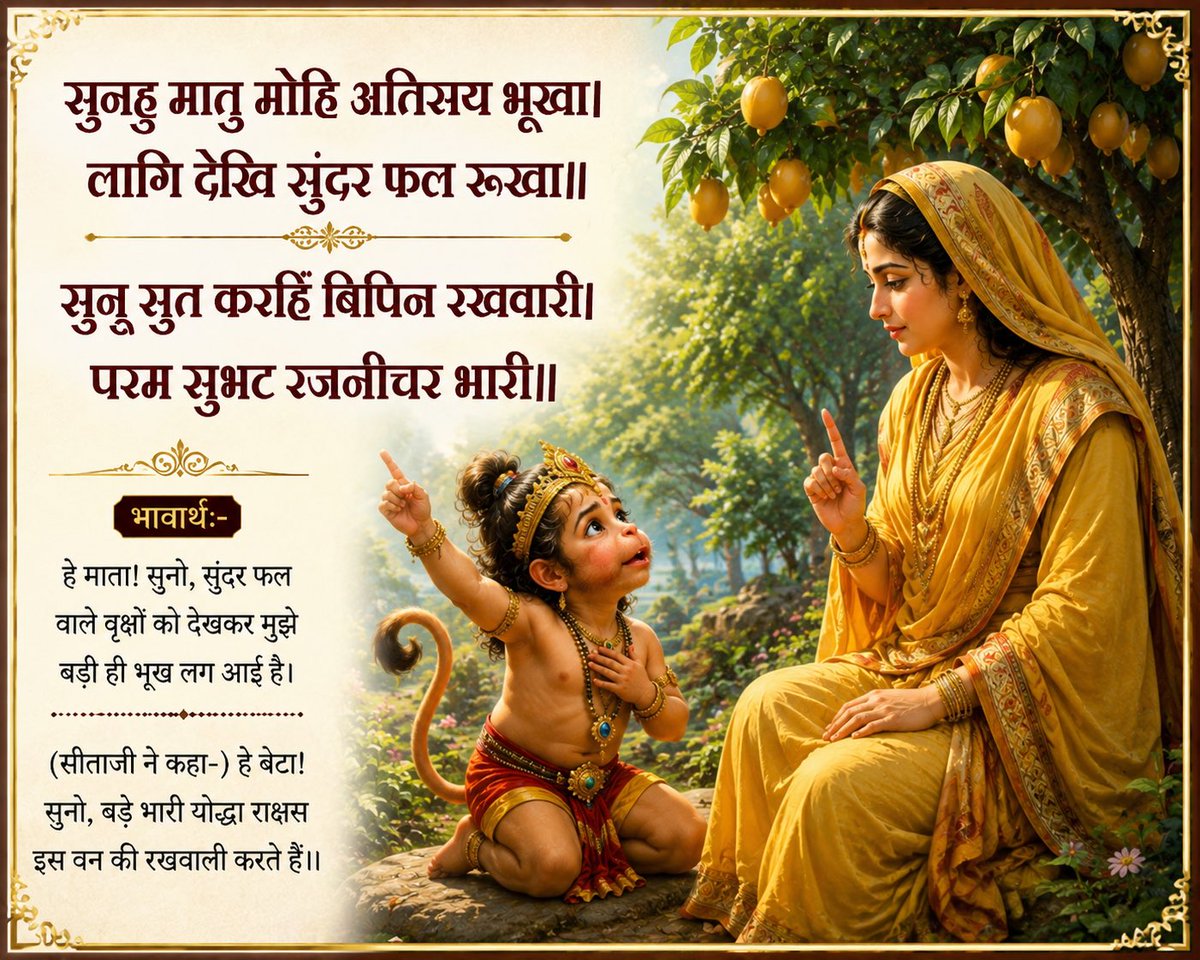 Ramlal's tweet photo. ॥सुंदर कांड॥

सुनहु मातु मोहि अतिसय भूखा। लागि देखि सुंदर फल रूखा॥सुनु सुत करहिं बिपिन रखवारी। परम सुभट रजनीचर भारी॥

भावार्थ:-हे माता! सुनो, सुंदर फल वाले वृक्षों को देखकर मुझे बड़ी ही भूख लग आई है। (सीताजी ने कहा-) हे बेटा! सुनो, बड़े भारी योद्धा राक्षस इस वन की रखवाली करते हैं॥

#RamCharitManas
#SundarKand