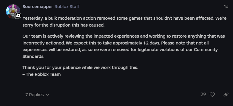 RoGameNews's tweet photo. Roblox is aware of the false bans and will re-review impacted users and experiences.

#RobloxDevs #RobloxDev #Roblox #New #RobloxBan #RobloxBug #RobloxIssue #Moderation https://t.co/Q04Sl3iVlK
