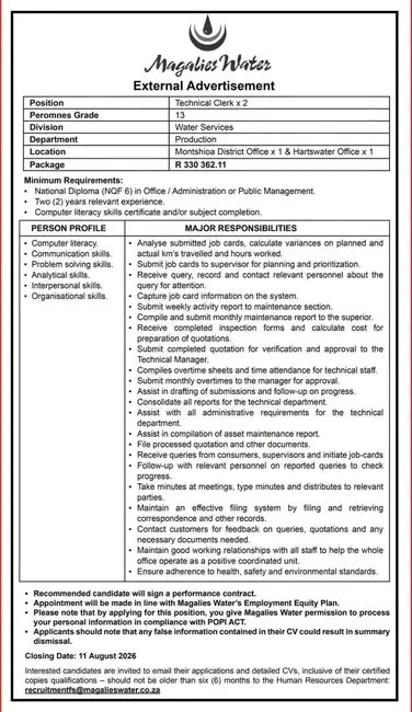 NthabelengDlam3's tweet photo. Magalies Water is hiring

📌Assistant Electrician x2
📌Technical Clerk x2 https://t.co/Cxt4dOgJSL