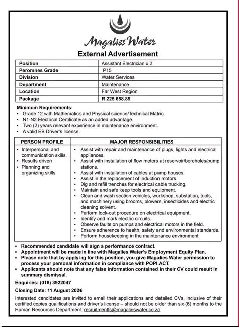 NthabelengDlam3's tweet photo. Magalies Water is hiring

📌Assistant Electrician x2
📌Technical Clerk x2 https://t.co/Cxt4dOgJSL