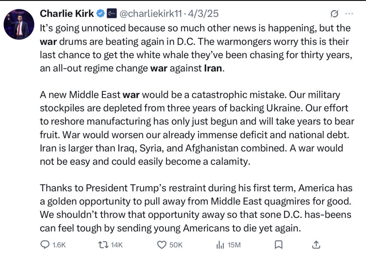 KennethRussell6's tweet photo. Hindsight is 20/20. Charlie saw this coming and forewarned us about this Iran conflict. He was truly one of the few America first advocates in the MAGA base. We no longer have his voice of reason. https://t.co/YJXwWLxtoz