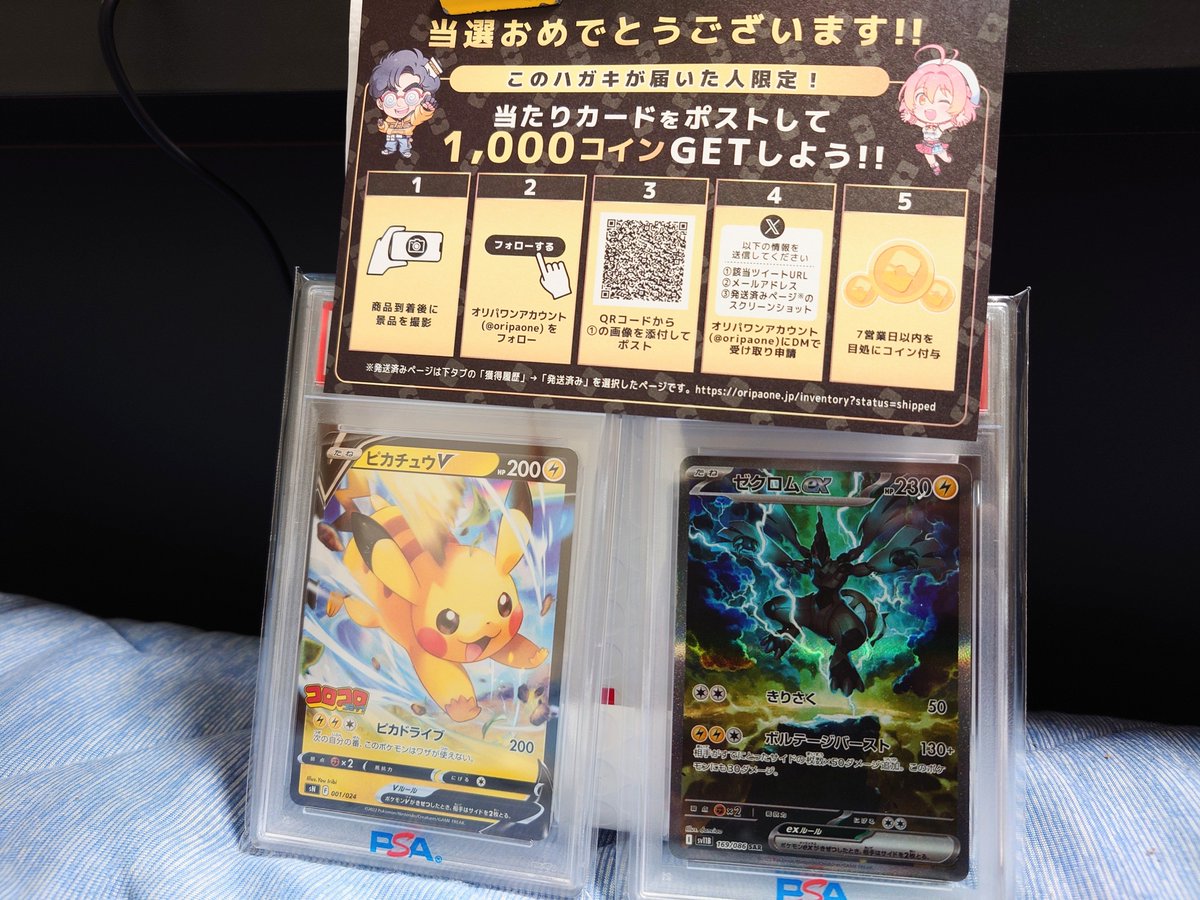 Hashlow's tweet photo. オリパワン（@oripaone）しか勝たん！

ゼクロムexとピカチュウコロコロプロモが当たりました！

当時500円玉を握りしめて、今は無き角の本屋にウキウキでコロコロを買いに走った幼い自分に言いたい…。

DBのカー◯ダスよりもポケカを買っとけ…と笑

#オリパワン当選報告 https://t.co/5LgmecMCsK