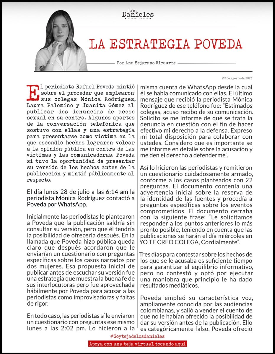 cesarusa5's tweet photo. #LaEstrategiaPoveda Por @AnaBejaranoRG 
El presentador Rafael Poveda mintió sobre el proceder que emplearon las periodistas Mónica Rodríguez, Laura Palomino y Juanita Gómez al publicar dos denuncias de acoso sexual en su contra. #LosDanieles https://t.co/N4FuQFJES1
