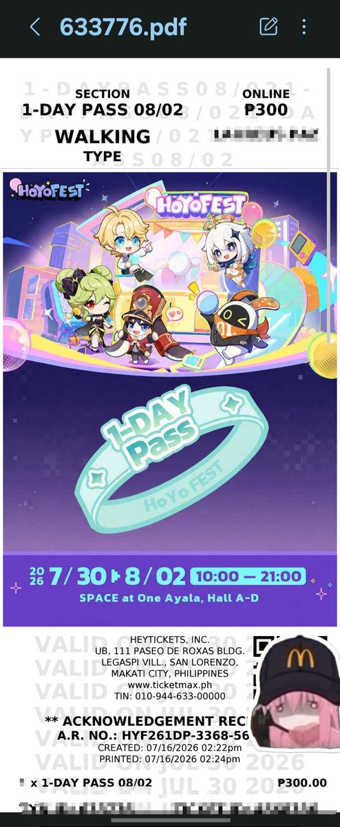 LasagnaIts's tweet photo. Trying my luck out here:

Selling 2 (Two) Hoyofest 2026 Day 4 Regular Pass for Manila

Rfs: Friend couldnt attend today and I didn't want to go solo :[[

Willing to sell both for 500 if you get both

#HoyofestPH #Hoyofest2026 https://t.co/hi5n0B5feb