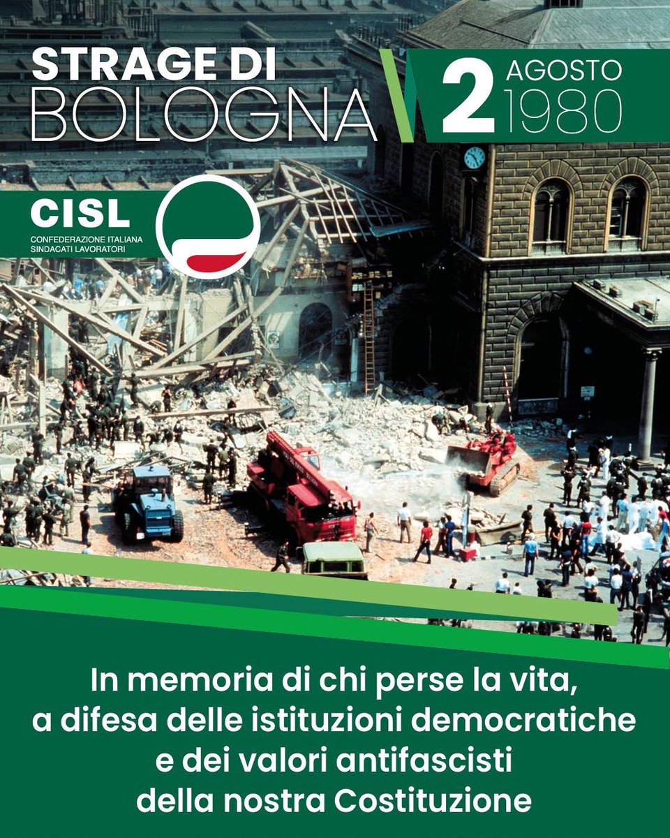 CislNazionale's tweet photo. 2 agosto 1980. #DanielaFumarola: «A 46 anni dalla strage della stazione di Bologna, rinnoviamo il nostro impegno al fianco dei familiari delle vittime e a tutela delle istituzioni repubblicane. La ricerca di verità e giustizia e la difesa dei valori antifascisti della nostra Costituzione sono i pilastri su cui continueremo a costruire, ogni giorno, una società fondata sul lavoro e sulla partecipazione, contro ogni forma di terrorismo, eversione e violenza che colpisca la convivenza democratica».

#2agosto #StrageDiBologna #CISL #MemoriaEGiustizia #BolognaNonDimentica