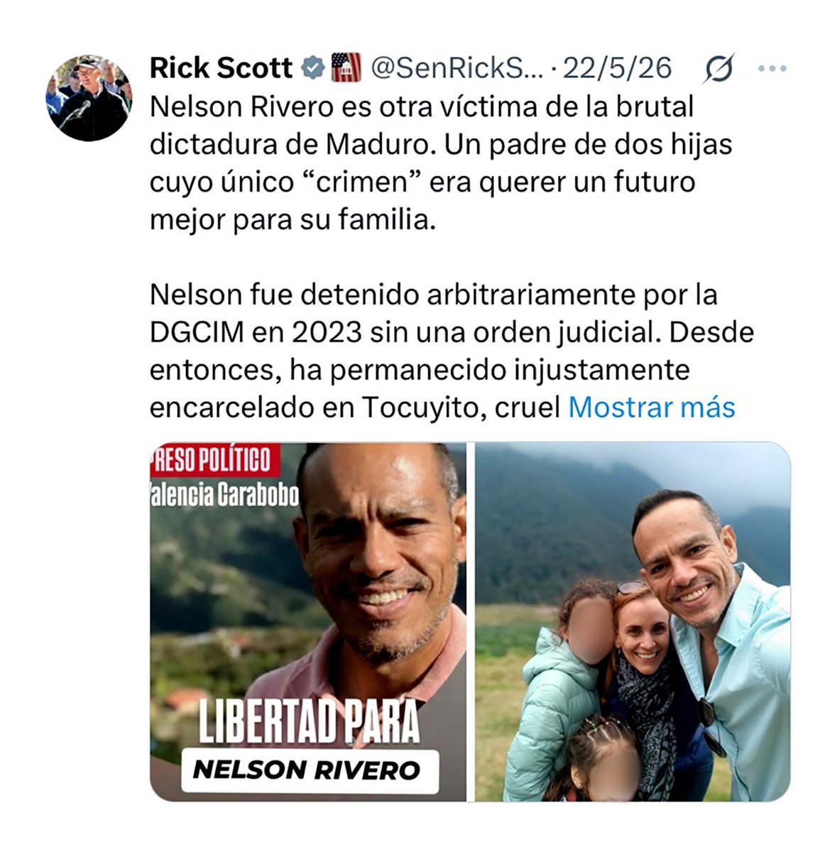 ArmandoInfo's tweet photo. Fue Rick Scott, senador republicano por Florida, EE.UU., quien en mayo pasado hizo público el caso de Nelson Ramón Rivero. Pero hubo algo que no mencionó: que este preso político es prisionero de un sobrino de Cilia Flores.
https://t.co/e16Yf8mHTX https://t.co/uqa1jv77xc