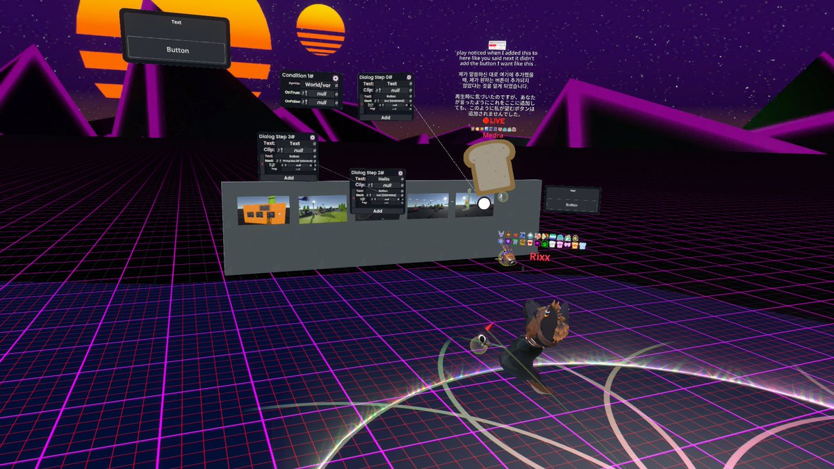 litalita9764629's tweet photo. #CreatorJam #Resonite
本日のテーマはRixxさんが作ったNPC用の会話システムを使う、です。パルスも出せるので仕込んだアニメとかを動かし出すことできます。ちょっと早めにあがったので、みんなにlitalitaねんどろいどを託しておきました。どんなのができるかなぁ。 https://t.co/YZSuKXuYen
