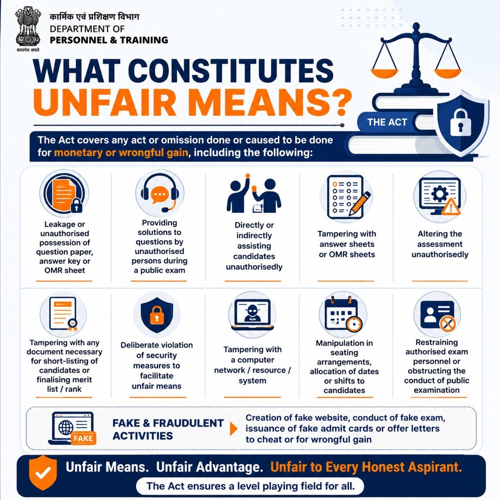 DoPTGoI's tweet photo. What constitutes “unfair means” in a public examination?

The Act covers practices including question paper/answer key leaks, unauthorised assistance, tampering with answer sheets or computer systems, manipulation to facilitate unfair means, fake websites, fake exams and fake admit cards or offer letters.

#PublicExaminations #ExamIntegrity #DoPT