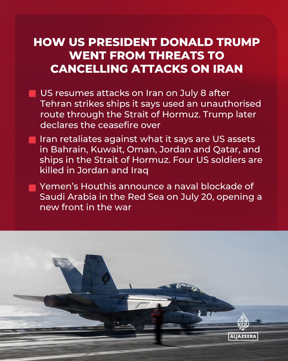 AJEnglish's tweet photo. US President Donald Trump called off threatened attacks on Iran, days after saying Washington would continue hitting the country “very hard”.

Here’s how the US went from renewed attacks and escalating threats to the prospect of a deal.

🔴 LIVE updates: https://t.co/TO0ULrgdi3 https://t.co/kWxmiH8xQJ