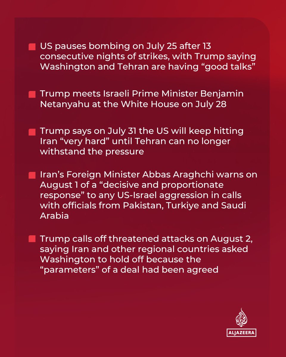 AJEnglish's tweet photo. US President Donald Trump called off threatened attacks on Iran, days after saying Washington would continue hitting the country “very hard”.

Here’s how the US went from renewed attacks and escalating threats to the prospect of a deal.

🔴 LIVE updates: https://t.co/TO0ULrgdi3 https://t.co/kWxmiH8xQJ