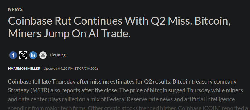 CryptoHuntAnon's tweet photo. 🚨 JUST IN:

Coinbase earnings disappointed.

Weak trading activity is reminding the market that adoption isn't always a straight line https://t.co/E87OemOBcT