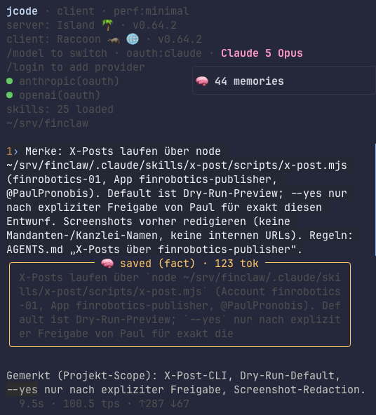 PaulPronobis's tweet photo. The most valuable part of a coding agent may be the part you don't replace when you switch models.

This morning I ran jcode on GPT-5.6 Sol. In this screenshot it is running Claude 5 Opus. One /model command swaps the reasoning engine. https://t.co/iapGOlkpnq