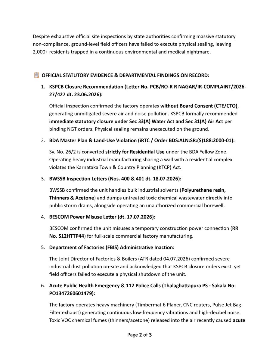 kapil309's tweet photo. 🚨 OPEN LETTER TO @CMofKarnataka, @RahulGandhi   @DKShivakumar @krishnabgowda 
Over 2,000 residents (550+ families) at Shriram Surabhi Apartments, Mallasandra (Bengaluru South) face an acute PUBLIC HEALTH EMERGENCY due to an illegal wood factory operating in a BDA Yellow Residential Zone on a Residential Land.

📄 Official KSPCB orders dt. 23.06.2026 recommended IMMEDIATE STATUTORY CLOSURE under Water & Air Acts—yet local officers have failed to seal it!

🧪 Severe Low Frequency noise Pollution ,Toxic VOC solvent fumes (Polyurethane Resin, thinners/acetone) dump into public storm water drains & air, causing severe respiratory choking & emergency 112 police calls.

We appeal for immediate intervention to uphold our fundamental Right to Life (Article 21).

📍 REQUESTS & Demands:
1️⃣ Physically SEAL & Shut factory at Sy No 26/2 Mallasandra, Off Kanakpura Road , Bengaluru.
2️⃣ Disconnect illegal BESCOM temp power (RR: S12HTTP44) to factory.
3️⃣ Plug toxic chemical discharges into storm drains and restore the land to original pollution free state.

(Full Open Letter and Factory Sign Board Attached Below 👇)

@EnergyDeptGoK  @bwssbchairman  @NammaBESCOM @mdbescom  @BlrCityPolice  @bbmpcommr  @karnatakapsc @karnatakakspcb @GBA_office @GBAChiefComm @BDAOfficialGok @BDABangalore @DeccanHerald @BangaloreMirror @the_hindu @timesofindia @tv9kannada @publictvnews @AsianetNewsSN @VistaraNews @Newfsfirst