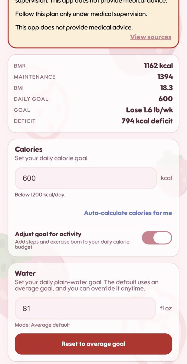 xanoholic's tweet photo. @s1ckd011666 Go to settings and scroll until you see the “Body &amp; Targets” section. You can change it to whatever you want, but you’ll receive a warning if less than 1200c. Just press “I agree”!! https://t.co/1qwYjRqH00