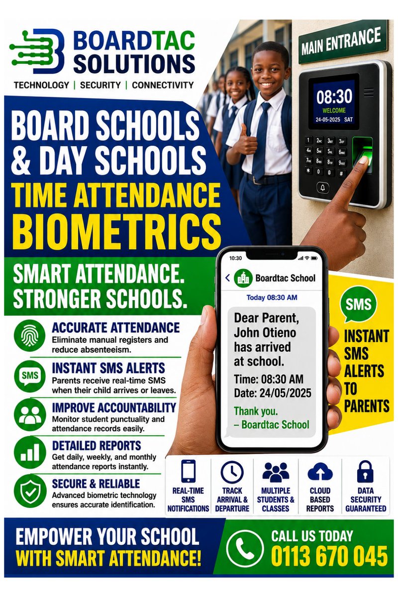 BoardTac's tweet photo. Smart School Attendance Made Simple! Track student arrival and departure accurately, receive instant SMS alerts, and access detailed attendance reports, all in one secure system.

📞 0113 670 045
#SmartSchool #BiometricAttendance #SchoolSecurity #SMSAlerts #BoardtacSolutions https://t.co/fy5MCaC2P4
