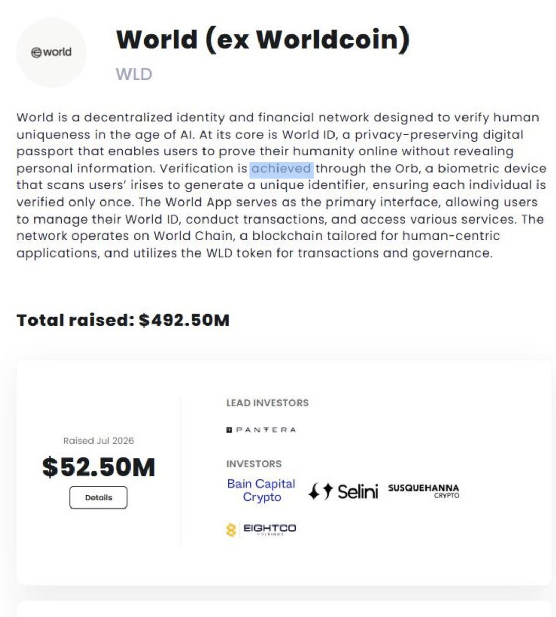 CryptoPatel's tweet photo. 😂 $WLD: RAISE MONEY → DUMP 98% → RAISE AGAIN → REPEAT 🔁

Worldcoin logic is unreal. 🍿
▶️ Raised $450M+ since 2021
▶️ Token still ~98% down (~$12 ➡️ $0.23)

So after nuking holders 98%… they raised MORE 🤡

🔹 March: +$65M
🔹 Last Week: +$52.5M (led by Pantera), price dropped ~17% on the "news" 😂

That's $117.5M in 4 months to build the "real human network"…
by selling more tokens. 🫠

Best part? ~100 wallets hold ~90% of supply.
A "network of humanity" owned by ~100 humans. 💀😂

Every raise = fresh Exit liquidity in a press-release costume. Retail buys the headline, whales sell the unlock. Same movie every time.

Not saying another 50–90% dump is coming… but the chart has run this exact speedrun before.
Don't be the exit liquidity. 🙏

Not Financial Advice. DYOR.