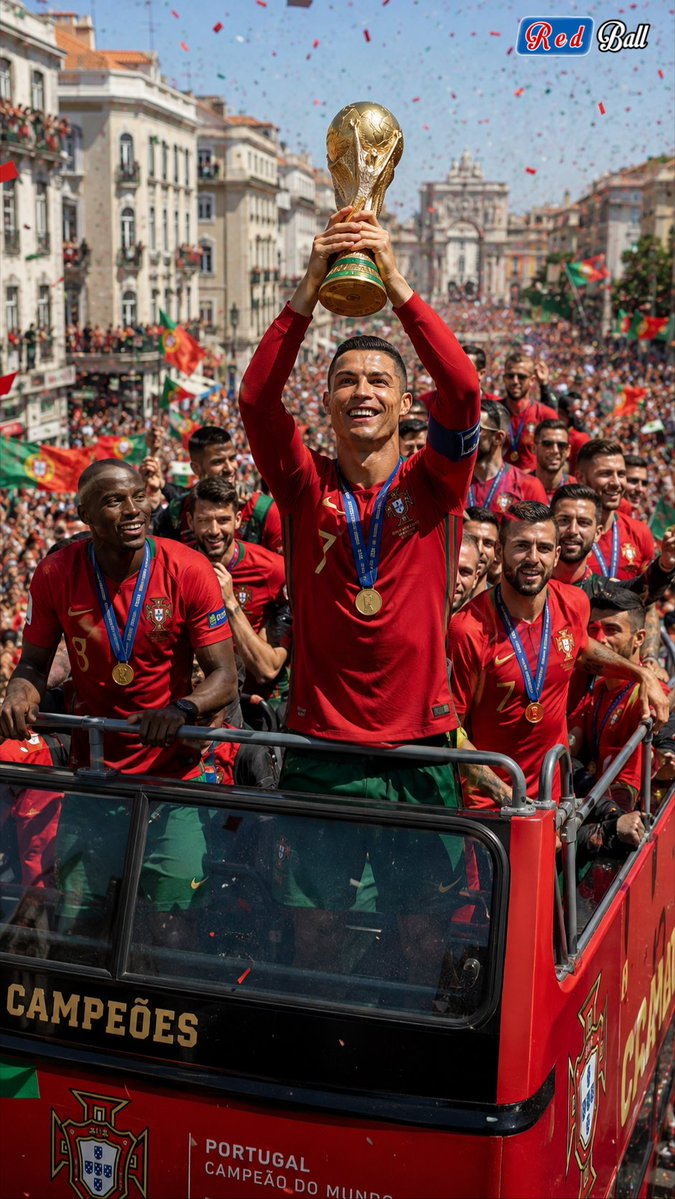 Rightwronginfo's tweet photo. "A nation united. A dream fulfilled. 🇵🇹🏆 Cristiano Ronaldo leads Portugal's greatest celebration as the World Cup comes home. The streets of Lisbon echo with pride, passion, and unforgettable memories. History belongs to those who never stop believing. ❤️💚 https://t.co/xqiBLM391b