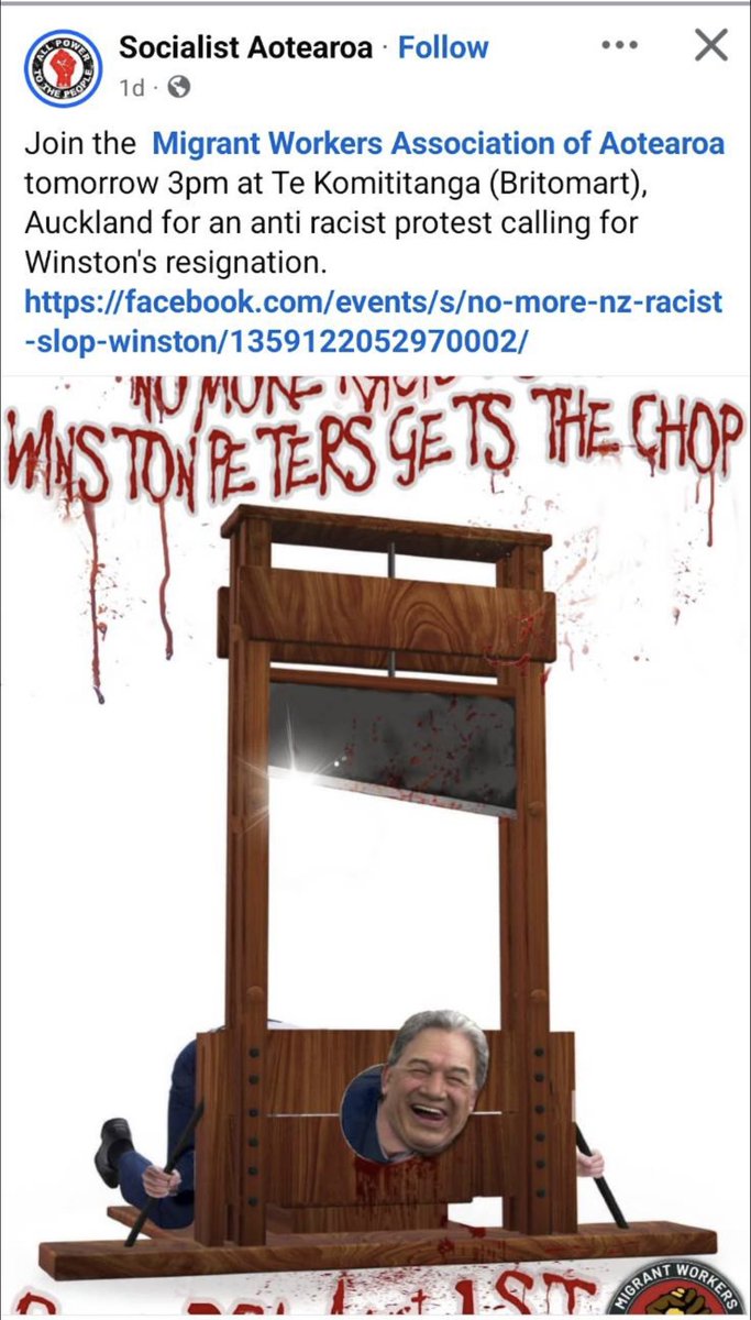 2ETEKA's tweet photo. Do you remember when a south Island pub put a picture of Jacinda Ardern on a urinal ? remember the outcry from the media and the left ? or how about the people who got a visit from Police for posting non violent criticism of Ardern during the peak of her tyranny? 

Well the The Migrant Workers Association of Aotearoa (an astroturf for violent and perverted Trotsky communists - captained by a couple of  white NZ woke wankers btw) today cut off the head of an effigy of Winston Peters after WP told CCP cheerleader Xu Nan to “go home”. 

These morons have just scored an own goal - These activist assholes are going to push more people from
the insane left. Association president Anupam Kaloti says the posts and the stunt is “just satire”

We all saw how the loonies on the left reacted after Charlie Kirk was assassinated - these fucking freaks need to be dealt with - this is what happens when cultural marxism becomes the religion for all the dopey ferals out there. 

Just another reason to Party vote NZ First. 

https://t.co/MtlA5Uytrr