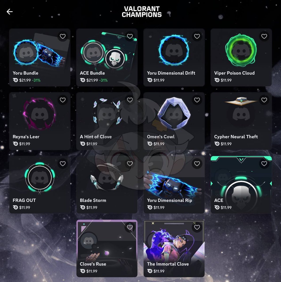 haduhkala's tweet photo. Ꮺ... 🍀 discord thingy
decos theme: Valorant Champions

looking for cheap decoration (avatar deco, profile effect, nameplates)?
⤿ contact,  https://t.co/9esd24XHrg
⤿ server,  https://t.co/XAnGWWBXv9 https://t.co/FWwRfilzGJ