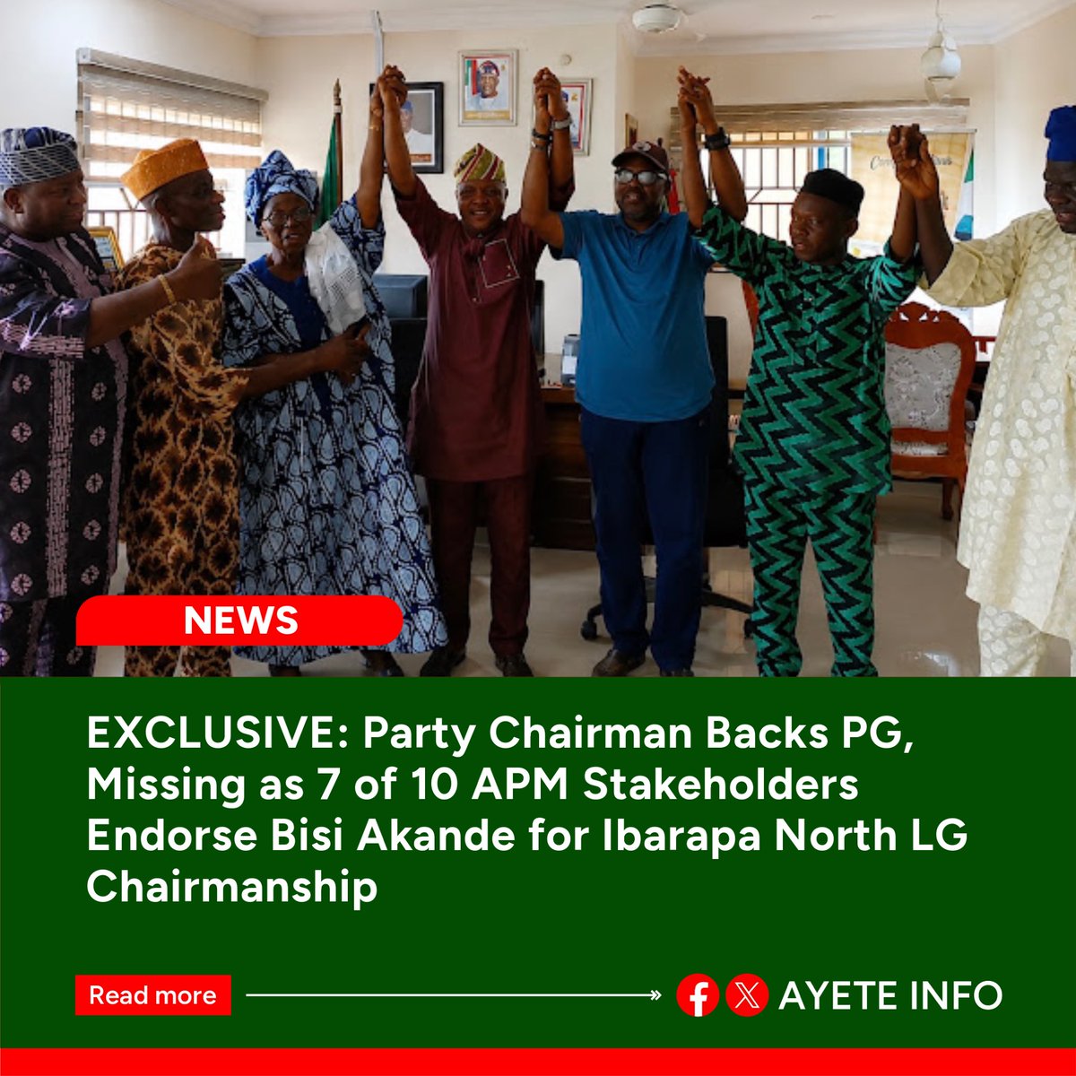 AyeteInfo's tweet photo. EXCLUSIVE: Party Chairman Backs PG, Missing as 7 of 10 APM Stakeholders Endorse Bisi Akande for Ibarapa North LG Chairmanship 

Read more: https://t.co/KoGITj8lD4 https://t.co/86Px0Y8zpL