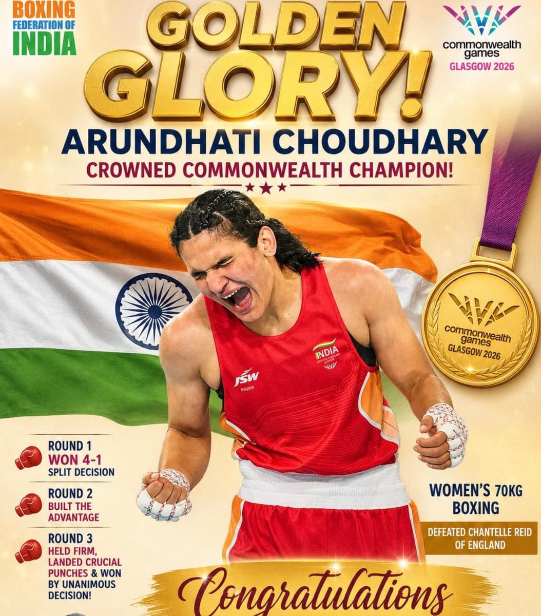 NcwebOfficial's tweet photo. 🥇NCWEB, DU congratulates Ms. Arundhati Choudhary on winning Gold in Women’s 70kg Boxing at Commonwealth Games Glasgow 2026! We’re proud, she inspired our students on 18 Mar 2023 at our Cyber Safety Programme. Wishing her more glory for India! 🇮🇳 #NCWEB #CommonwealthGames2026 https://t.co/t99yR8Aknw