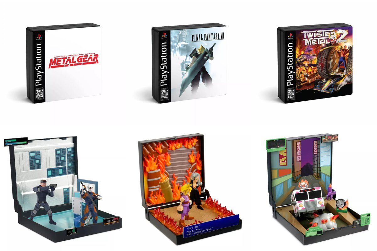 Wario64's tweet photo. PlayStation Console Heroes Dioramas available at Target ($14.99 each - low stock)

Metal Gear Solid https://t.co/MzjAsVh3IR
Final Fantasy VII https://t.co/Sr8o4KHJ0F
Twisted Metal 2 https://t.co/6A6Z9Gts5q #ad

not in stock: PlayStation console https://t.co/qs7UVRJG3G https://t.co/73UBXwq4JL