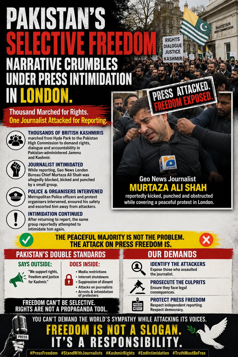 Ayishajaan51901's tweet photo. Freedom loses credibility when journalists face intimidation. Protect independent reporting, reject violence, and uphold accountability, transparency, democratic rights, and press freedom.#PakistanHypocrisy #RightToReport #POJKProtest #AzadKashmir #POK #JournalistSafety https://t.co/cFGzIKEV6Q