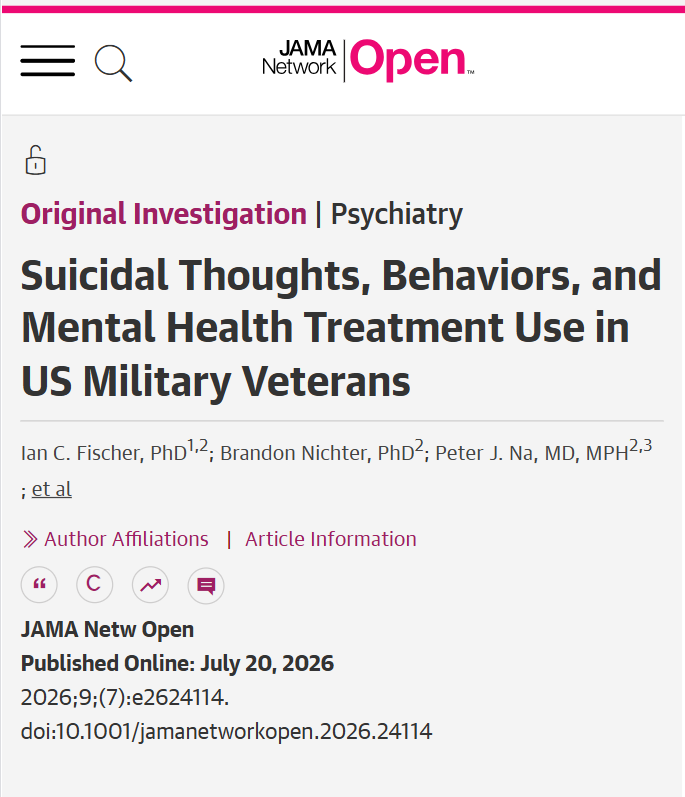 JAMANetworkOpen's tweet photo. Past 2-week #SuicidalIdeation increased among US veterans in 2025 to 2026 vs 2019 to 2020, while lifetime suicide planning and attempts remained largely stable.

https://t.co/JSGwEJQNBa https://t.co/CBdDXEjsfG