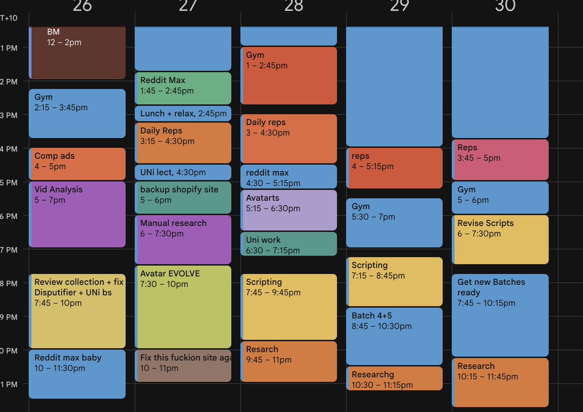 ecomloser's tweet photo. work planner maxxing + miro maxxing + clickup maxxing + aphex twin 14hrs a day = 0.3 roas 
nah seriously tho the only way i've been getting shit done is planning stuff out the day before, if not i end up doing a whole lotta nothing for 6 hours. 
i'm now a calendar twink i guess