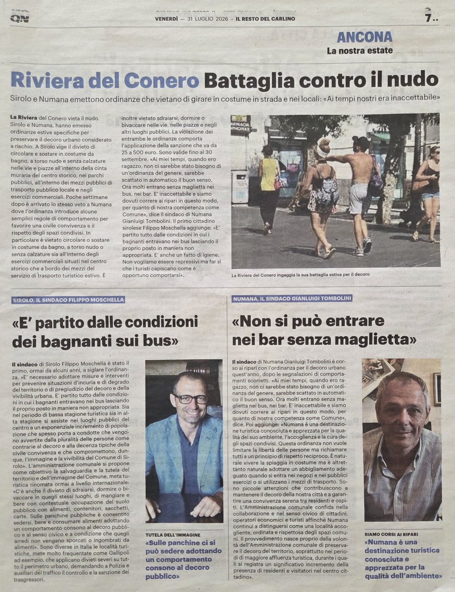FilMoschella's tweet photo. Sirolo, 2 agosto 2026

Il Resto del Carlino dedica un articolo all'ordinanza che ho emesso per garantire il decoro urbano e l'igiene, pubblicata anche nel Comune di Numana. 

Filippo Moschella - Sindaco di Sirolo

#Sirolosemprepiùbella https://t.co/8yYdeppKao